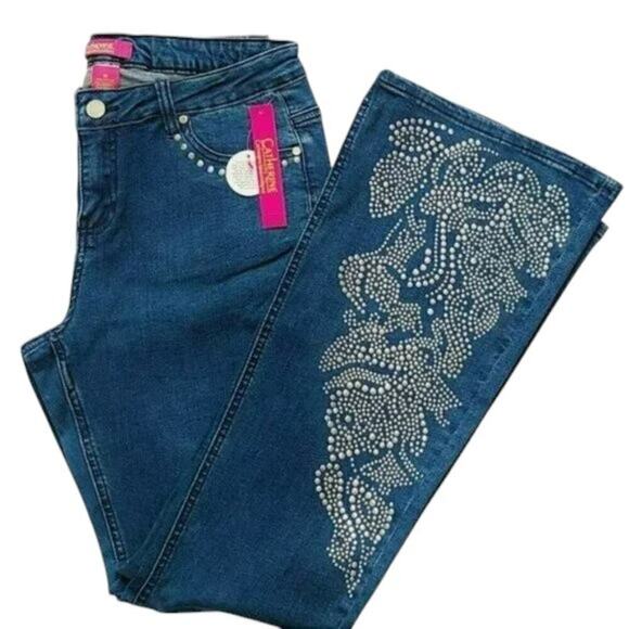 New Catherine Malandrino Women's Studded Flare Leg Denim Jeans - Picture 5 of 7